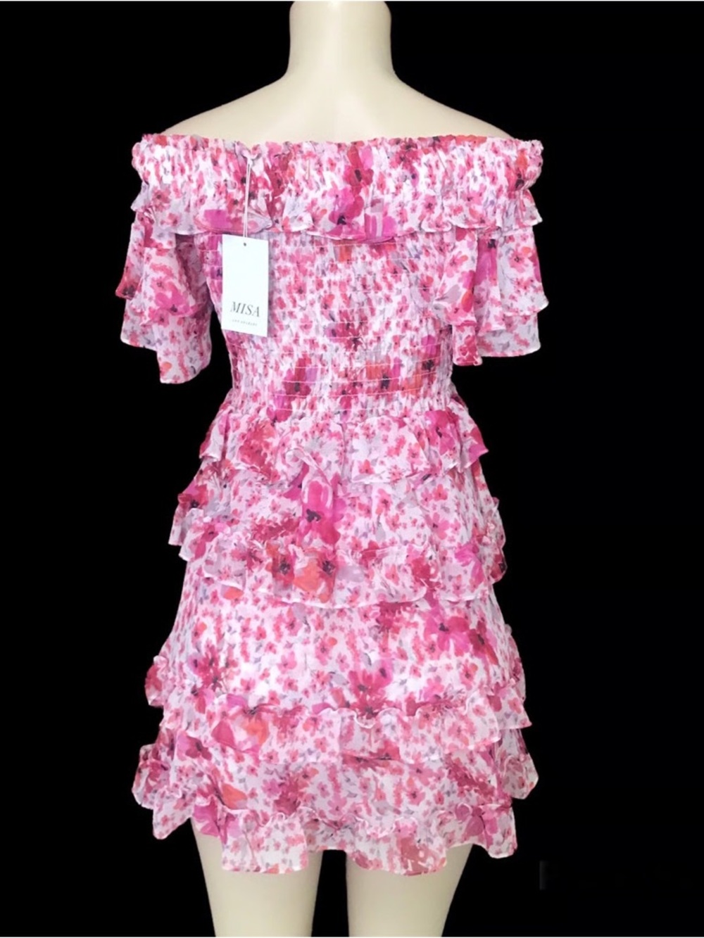 MISA Off-Shoulder Pink Floral Ruffle Mini Dress